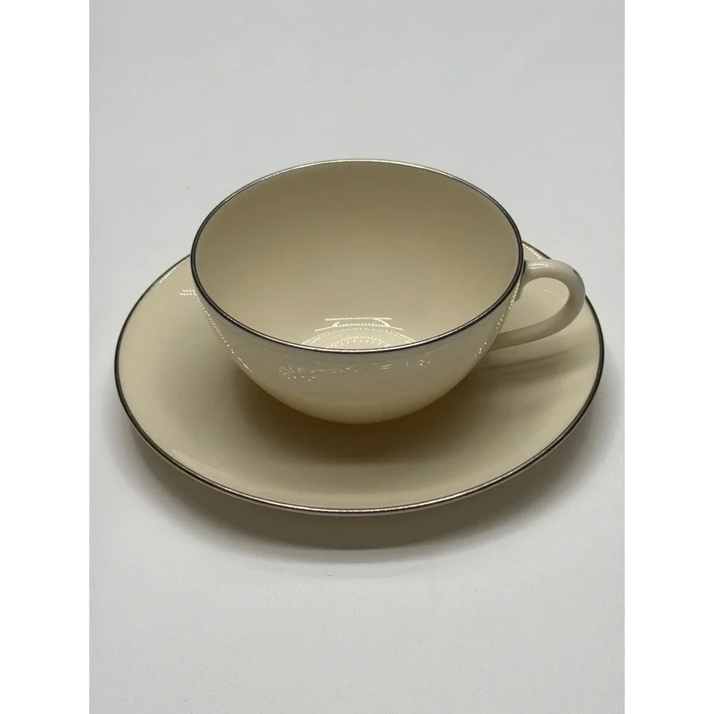 Lenox Olympia Fine China Cup and Saucer Set Cream Silver Rim‎ Made USA X-303P